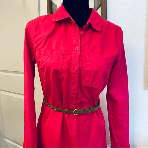 Fuchsia Long Sleeve Collard Shift Dress with Belt - Picture 4 of 8